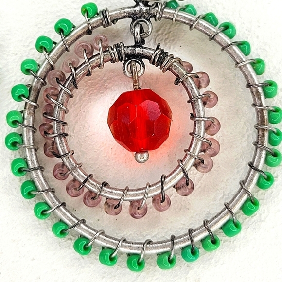 Glass Bead Wire-Weaved Double Hoop Silver Earrings - Picture 3 of 5